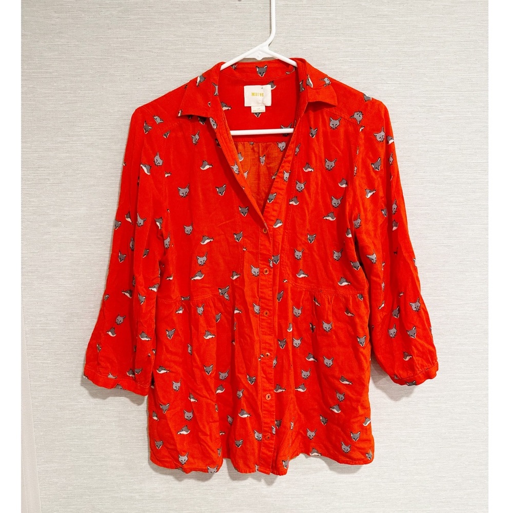 Maeve Red Button-Front Blouse with Cat Print